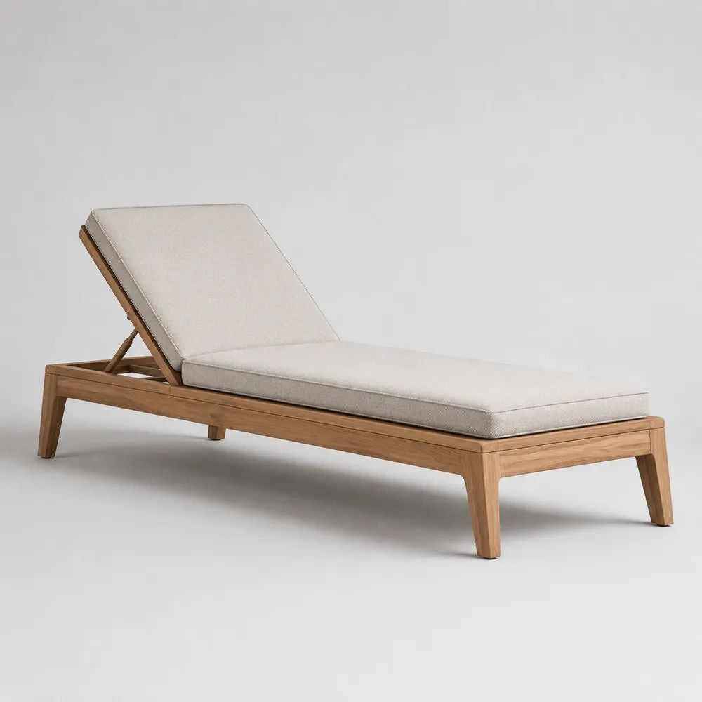 Lettino prendisole regolabile da esterno in legno massello di acacia con cuscino, marrone naturale e crema, 200 x 70 x 35 cm