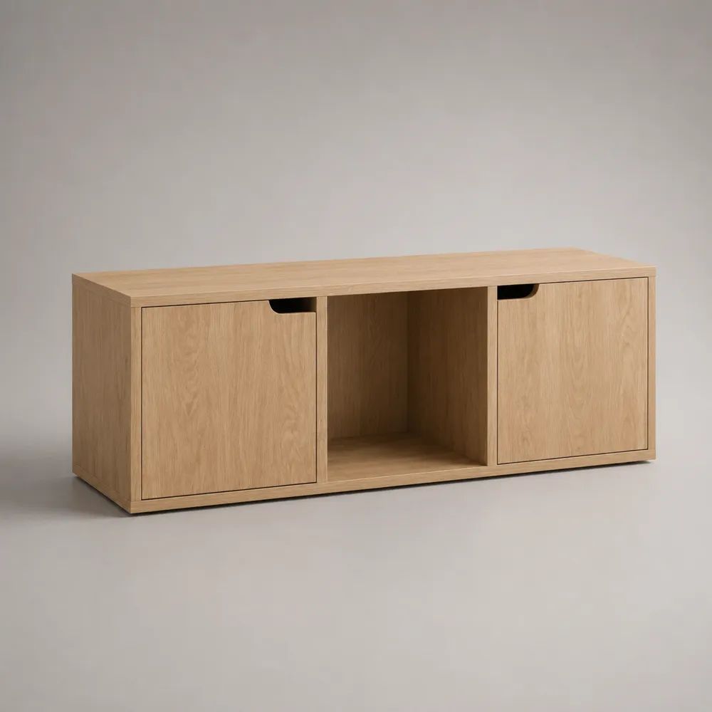 Mobile TV basso rettangolare in MDF con 2 ante e vano aperto, rovere chiaro, 120 × 40 × 55 cm