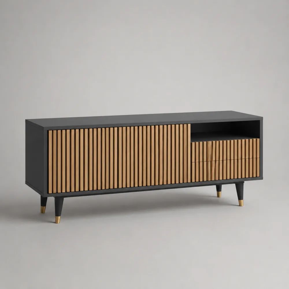 Mobile porta TV rettangolare in MDF e acciaio con 2 ante, 2 cassetti e vano aperto, nero e marrone, 150 x 40 x 70 cm