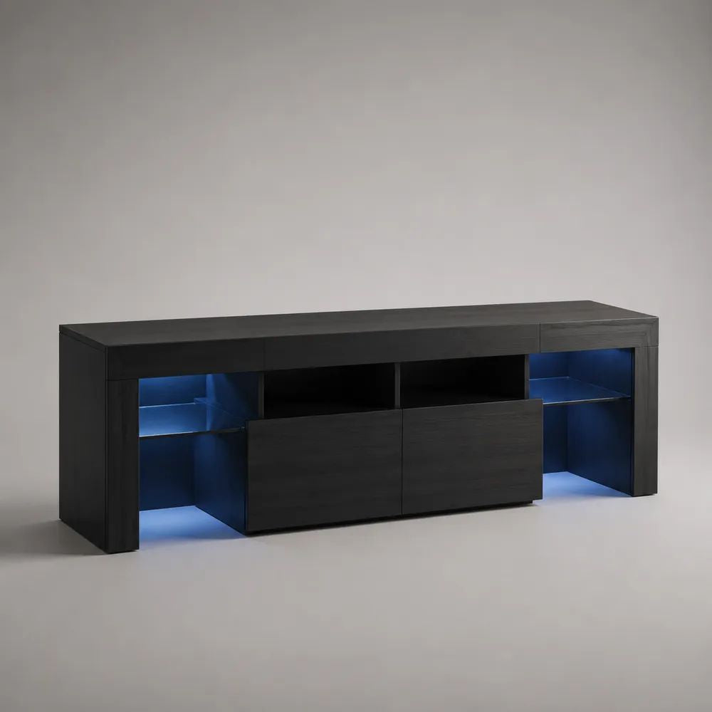 Mobile TV rettangolare nero con illuminazione LED blu, in pannelli di particelle e vetro temperato, 200 x 35 x 70 cm