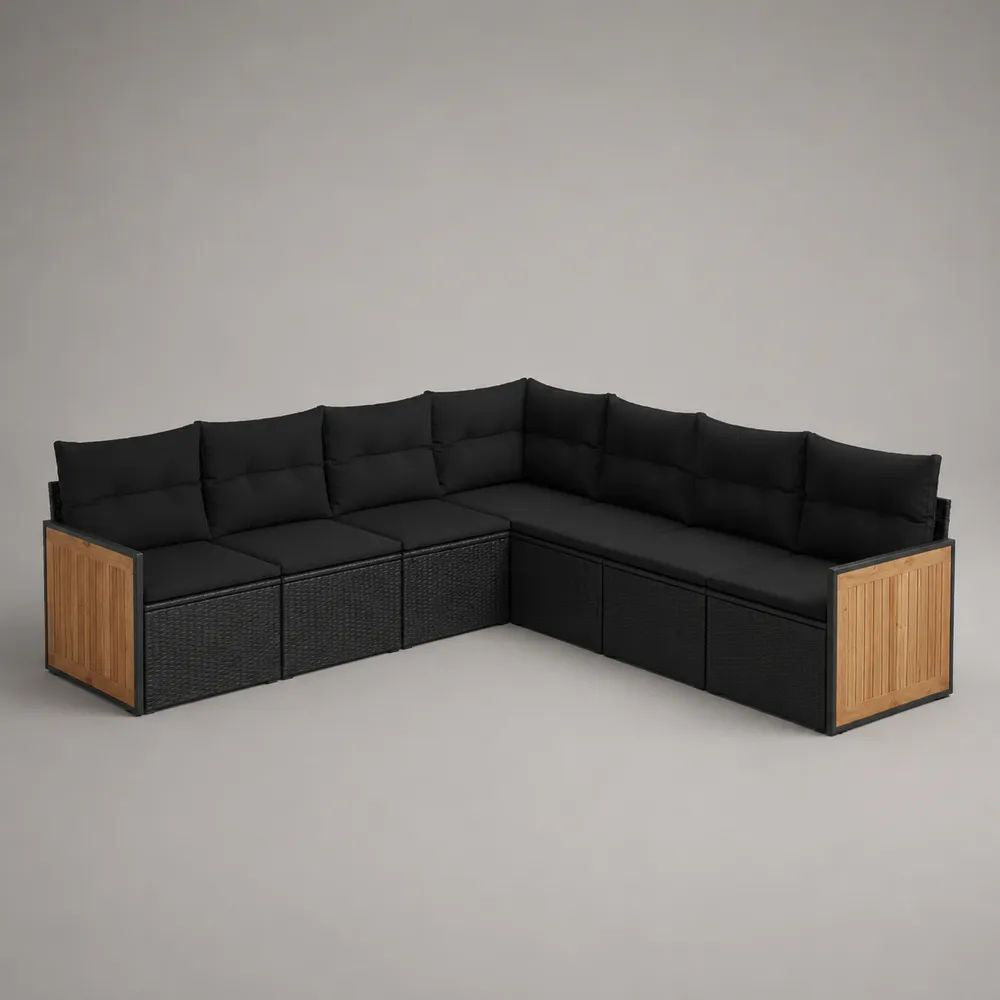Divano angolare da giardino a 6 posti in polyrattan PE, metallo e legno, nero e marrone naturale, 238 x 238 x 70 cm
