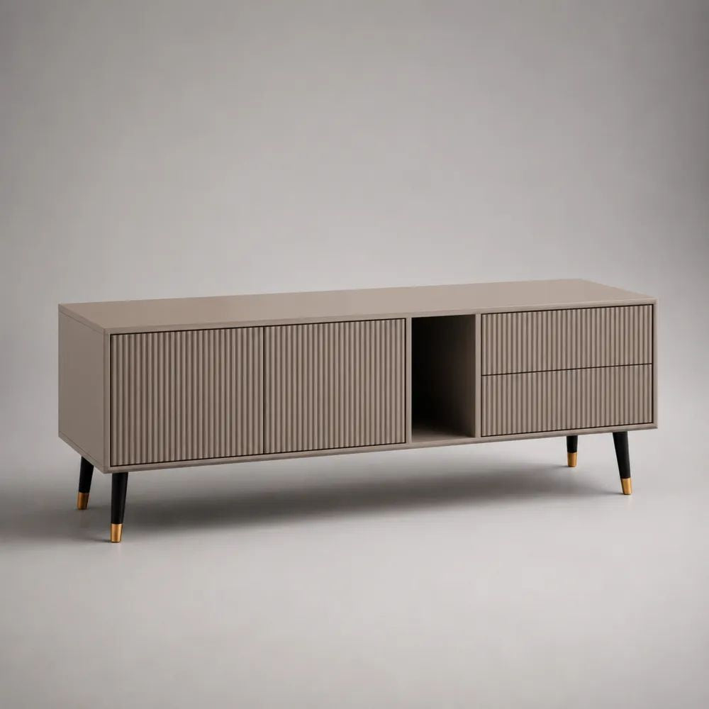 Mobile porta TV basso rettangolare in legno e metallo tortora 160 x 40 x 60 cm con anta, 2 cassetti e vano aperto