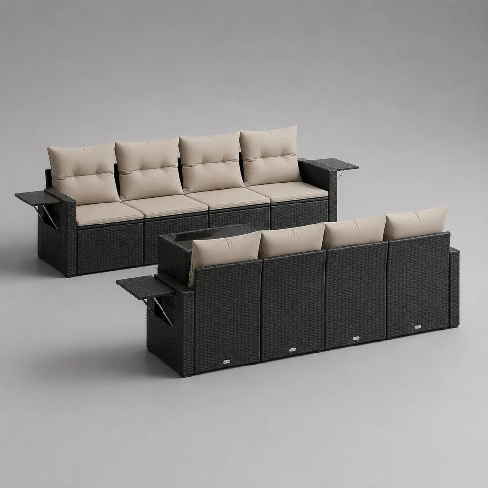 Divano da giardino modulare a 4 posti in rattan sintetico PE nero con cuscini beige e ripiani laterali, 256 x 70 x 78 cm