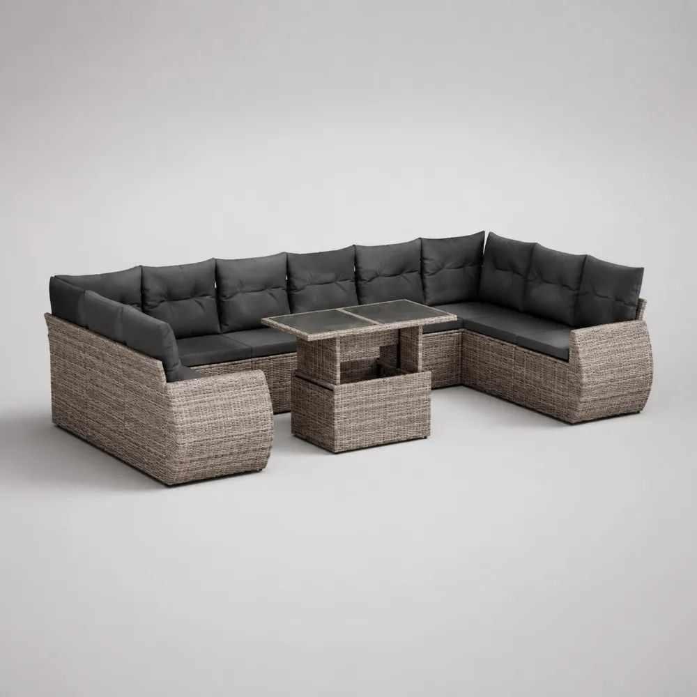 Set da giardino angolare in polyrattan grigio tortora con cuscini antracite, tavolo in vetro e 2 pouf, 260 x 200 x 74 cm
