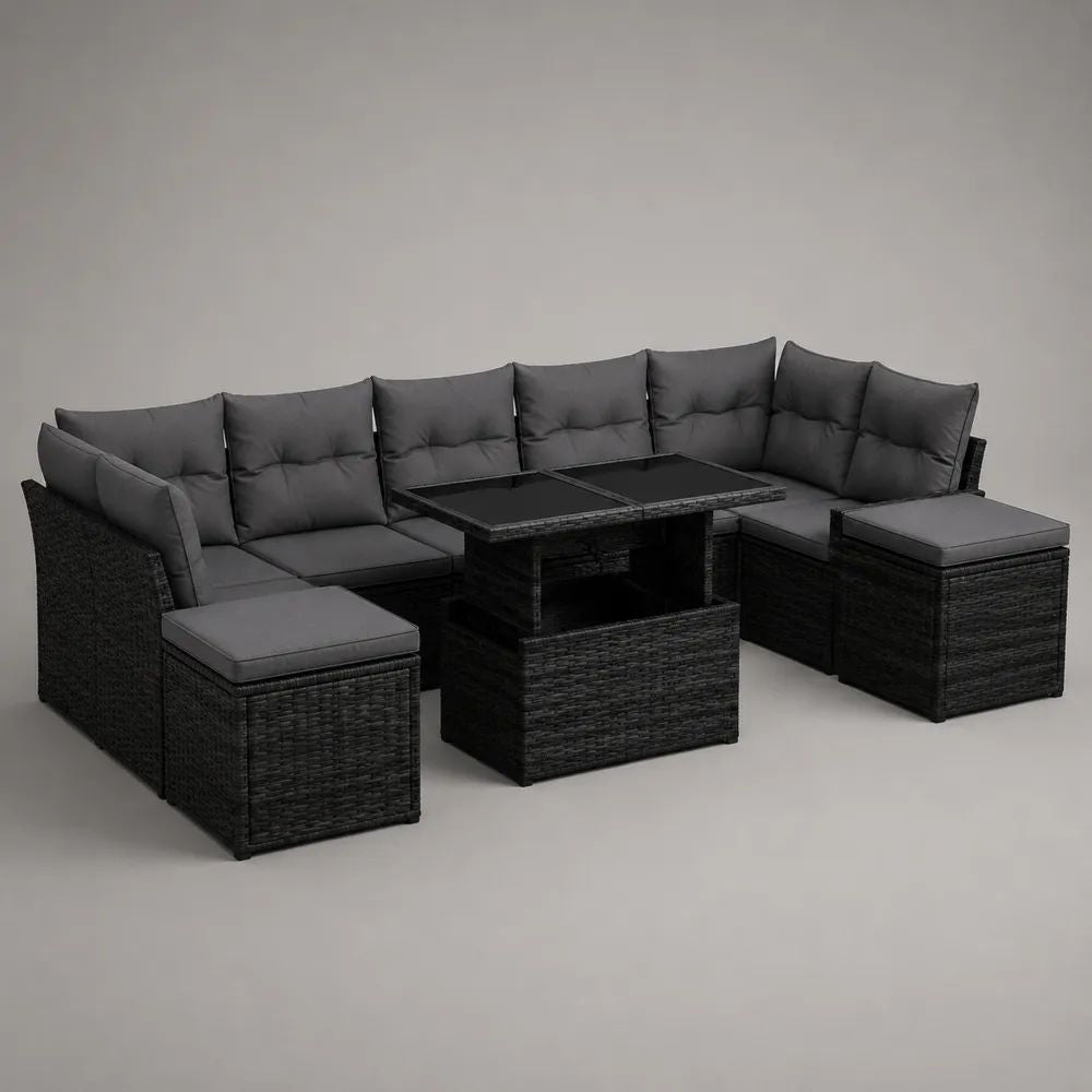 Set salotto da esterno 4 pezzi in polyrattan PE nero con divano angolare, tavolo e 2 sgabelli, 260 x 190 x 75 cm