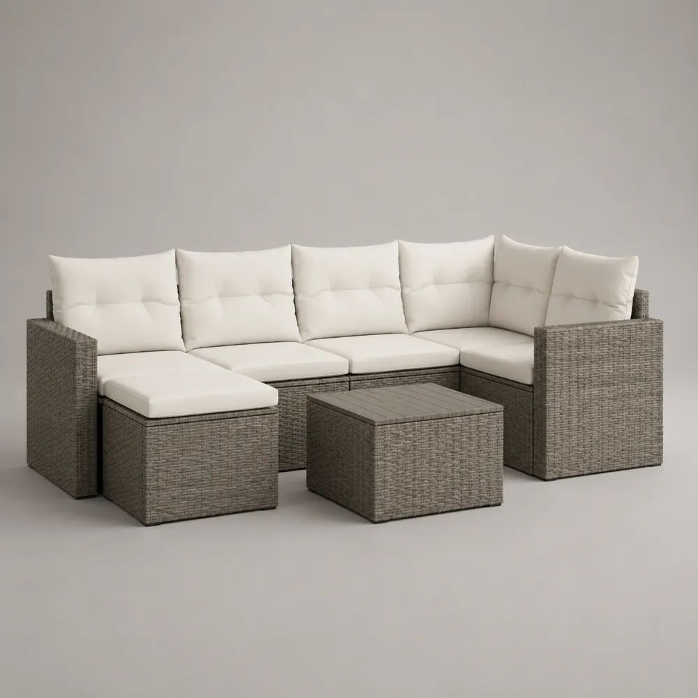 Set salotto da giardino 3 pezzi in polyrattan grigio e tessuto crema con divano angolare 6 posti, pouf e tavolino, 260 x 190 x 74 cm