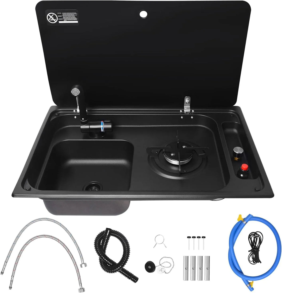 Piano cottura a gas, acciaio inox, fornello a gas, Unico Bruciatore da Cucina Compatta per Furgone o Barca, Stazione di Cucina e Lavaggio con