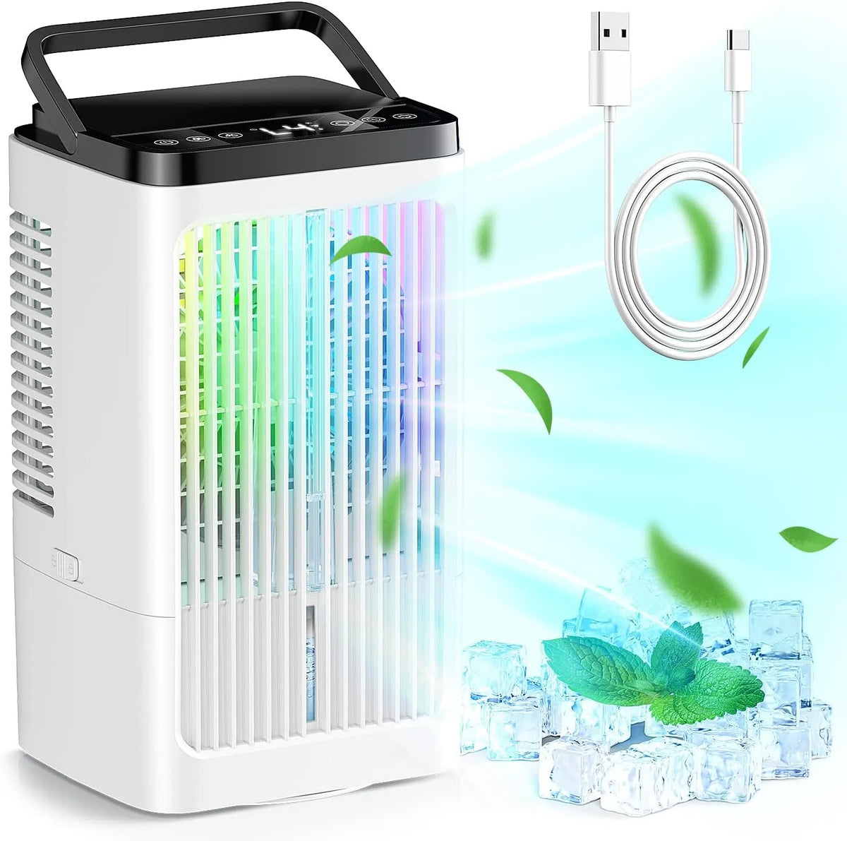 Condizionatore, portatile, timer, bianco, 7 colori LED, 4 velocità, 2 nebulizzazione, refrigeratore d'aria per campeggio, ufficio