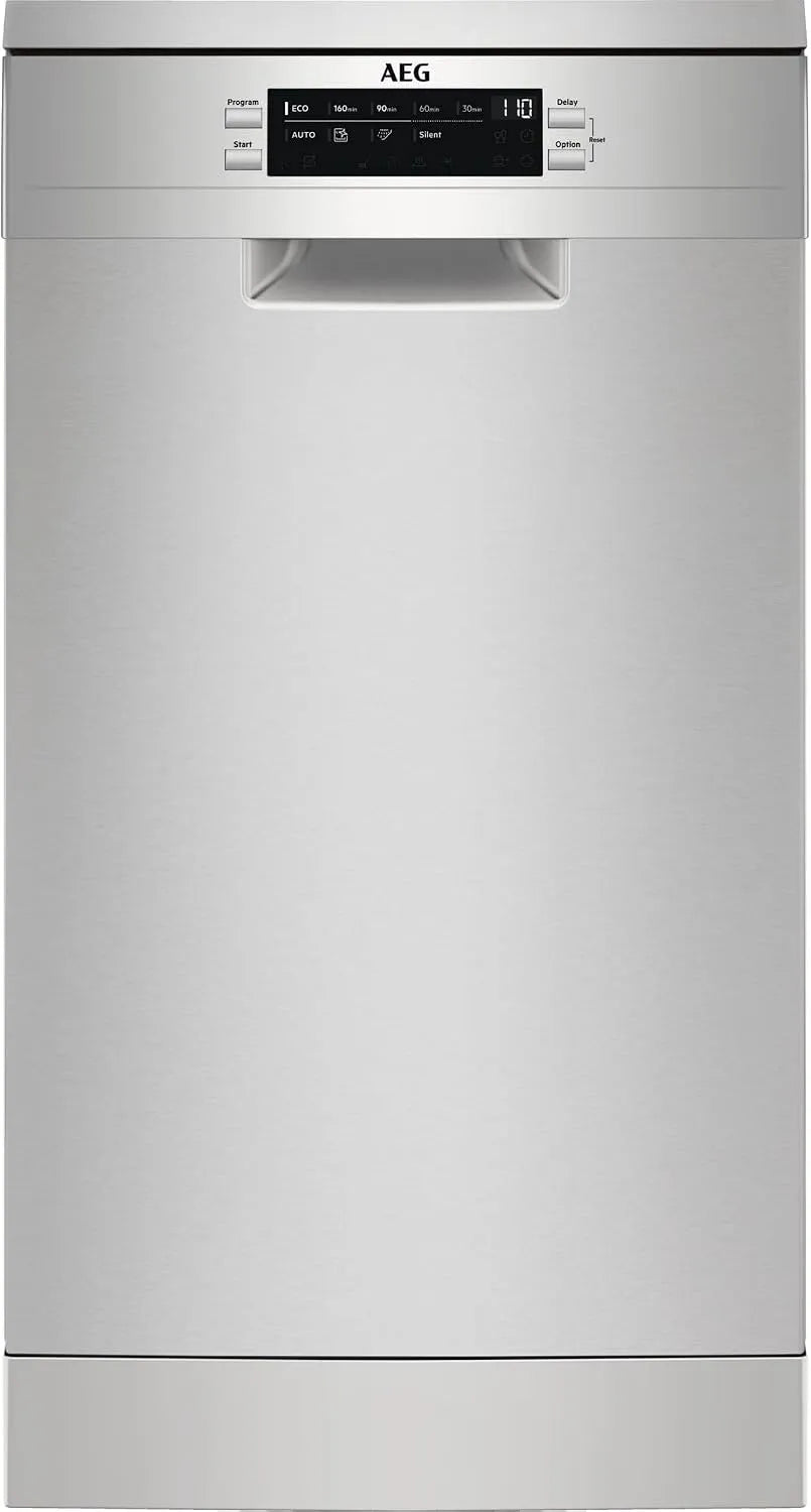 AEG FFB73527ZM Lavastoviglie, 45 cm, 9 programmi, 45 dB, formato slim, Inverter, 2 zone di temperatura, acciaio inox, 10 posate, display, SoftSpikes