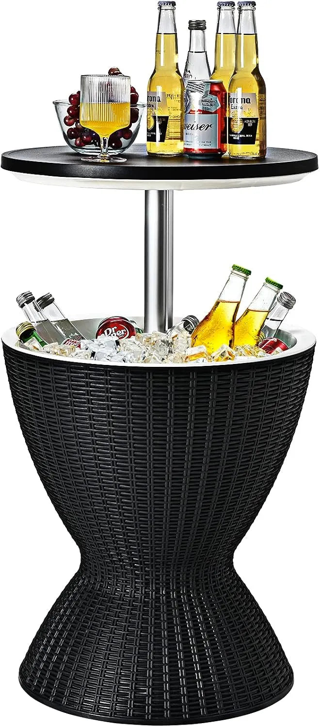 Frigorifero, 30 L, COSTWAY 3-in-1, esterno, nero, Tavolo Bar Portaghiaccio in Effetto Rattan da Piscina, 5-82H cm, Secchiello Ghiaccio Regolabile in