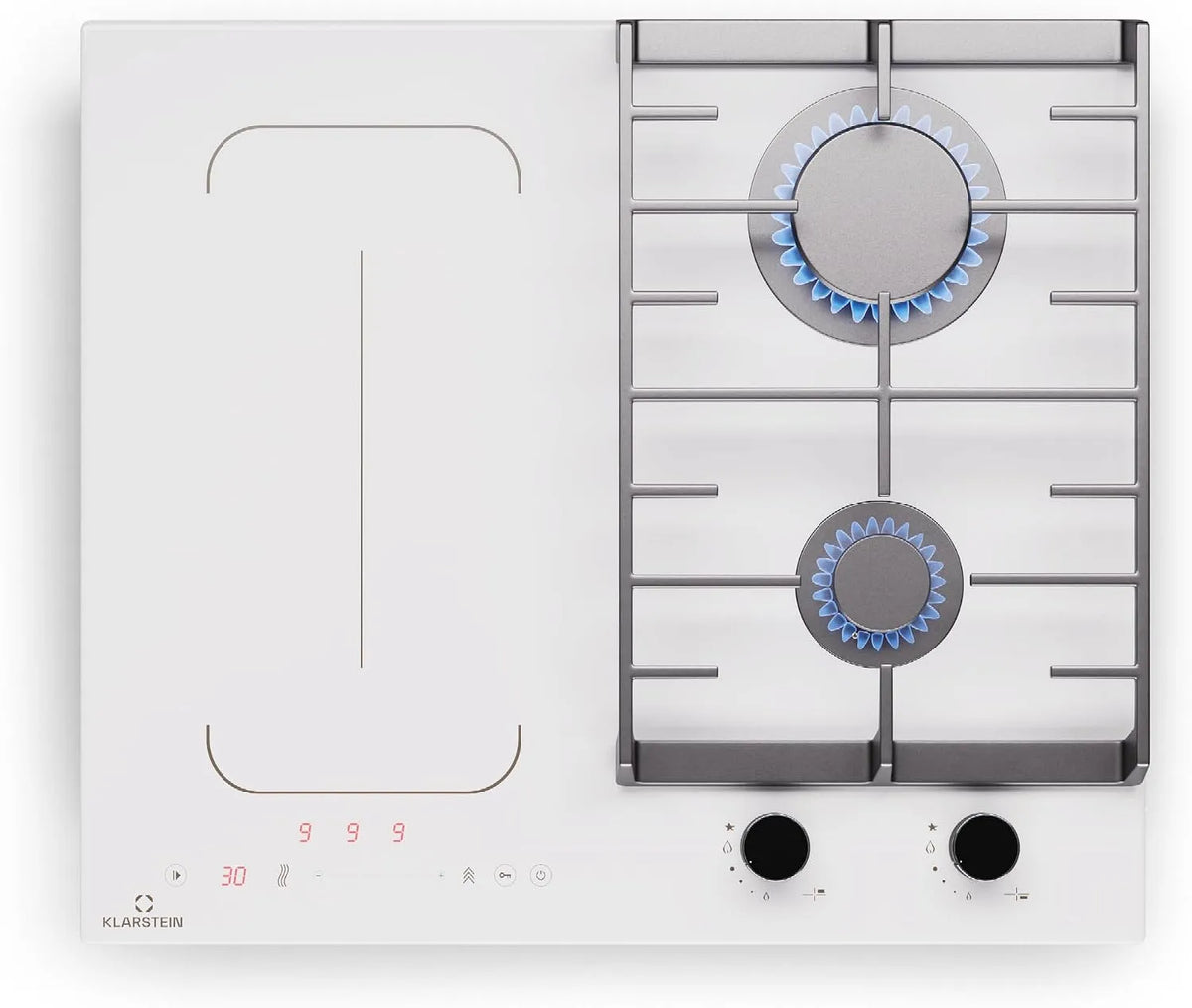 Klarstein 7Kw Piano cottura a induzione, 58, 5 Cm, 4 fuochi, piastra a induzione, timer, zona flessibile, ghisa, bianco, Flexzone, 4 Zone, Stop&Go