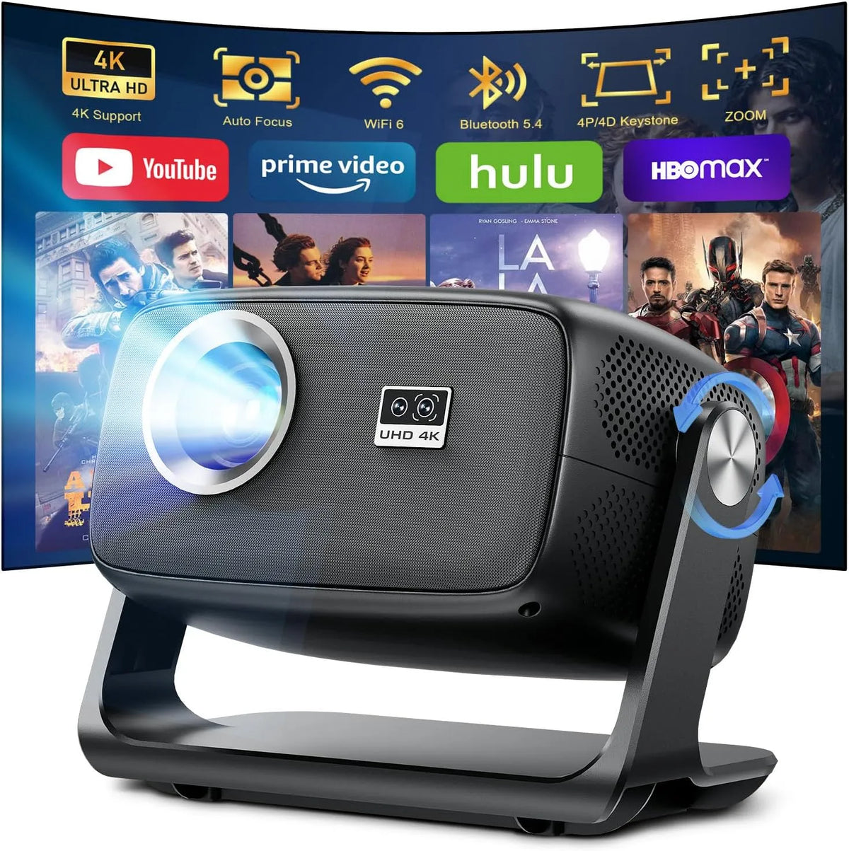 Smart TV Stick, PC, PS5, televisore, 4K UHD, HDMI, USB, Wi-Fi, portatile, Bluetooth, Android OS, Autofocus e Correzione Trapezoidale 6D, Rotate a 180°