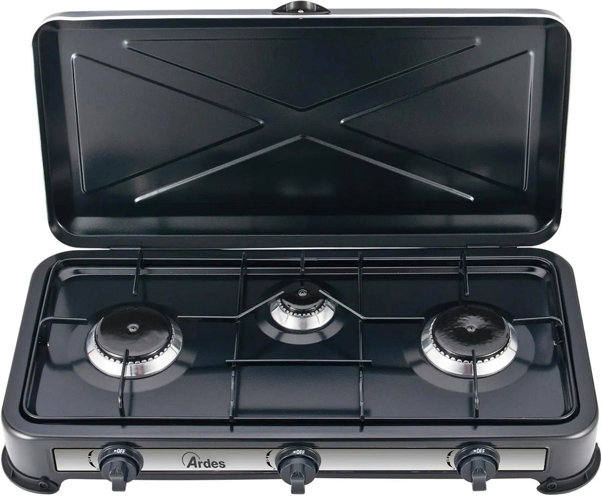 3 Fuochi, Cucina a Gas Butano Portatile, Potenza Totale 2, 9kW, ARDES AR1FG03, Griglia Removibile, Coperchio di Trasporto, Fornello Camping Gas GPL