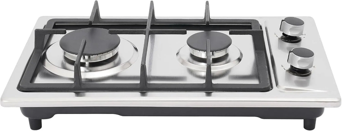 Piano cottura a gas, 2 fuochi, portatile, acciaio inox, fornello a gas, argento, riduttore di pressione e tubo del gas da 1, 75 kW, 3 kW + 1, 5 m