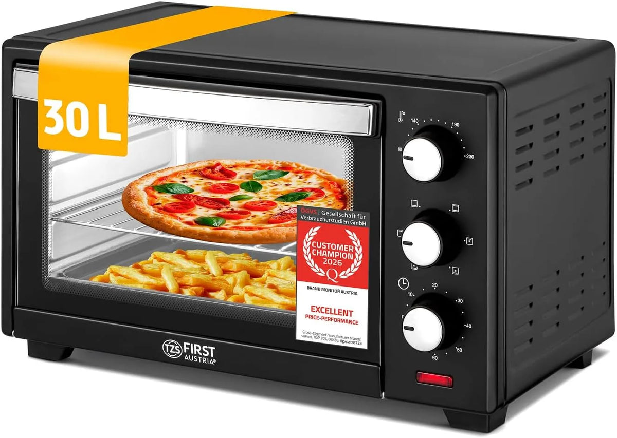 Forno elettrico, 30 L, 1600 W, timer, compatto, 3 altezze di inserimento, TZS First Austria, teglia e griglia - Per cucine piccole e campeggio