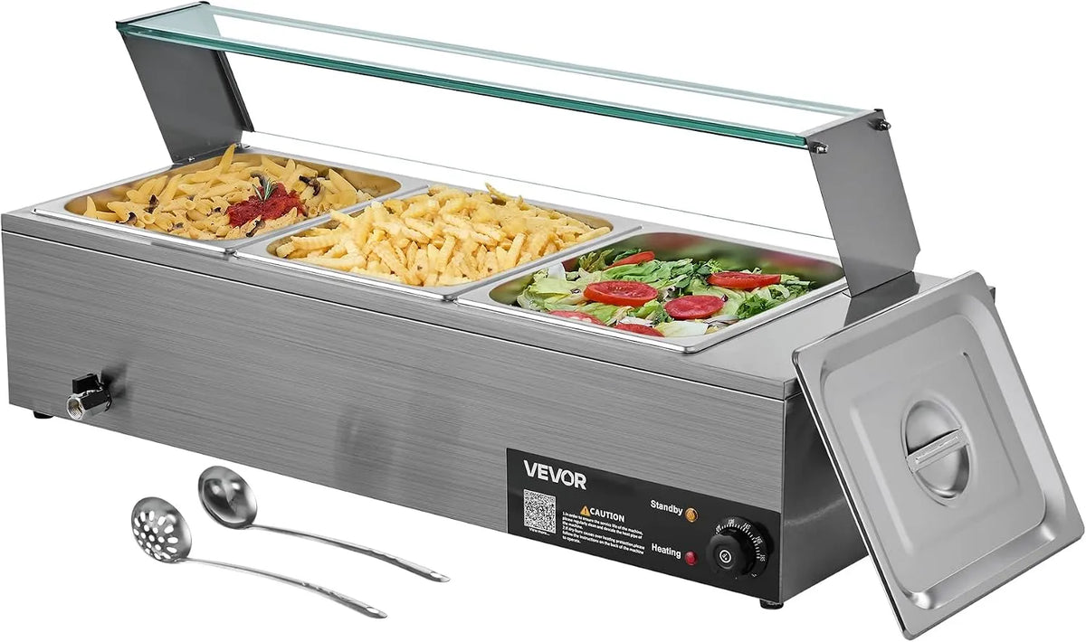VEVOR Contenitore Scaldavivande Elettrico in Acciaio Inox da 1, Scaldavivande Commerciale Buffet 3 Contenitori da Dimensioni 1, 5 kW con Coperchio