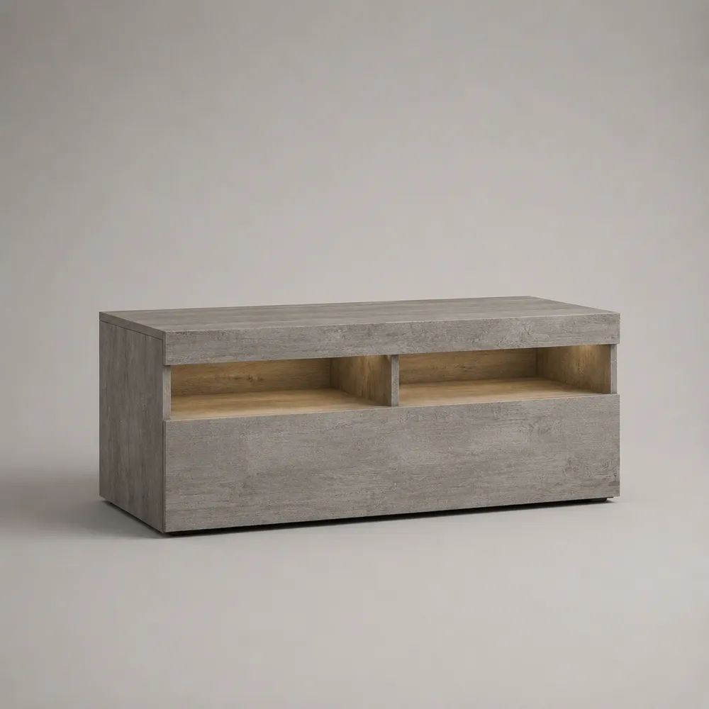 Mobile porta TV basso in pannello truciolare con 2 vani aperti e anta a ribalta, grigio cemento e rovere naturale, 100 x 40 x 50 cm
