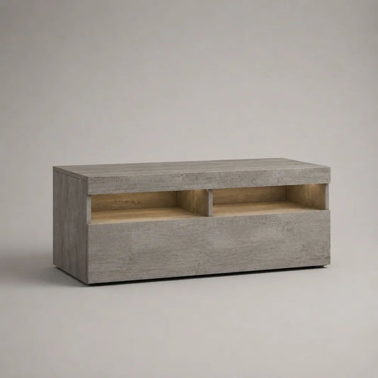 Mobile porta TV basso in pannello truciolare con 2 vani aperti e anta a ribalta, grigio cemento e rovere naturale, 100 x 40 x 50 cm