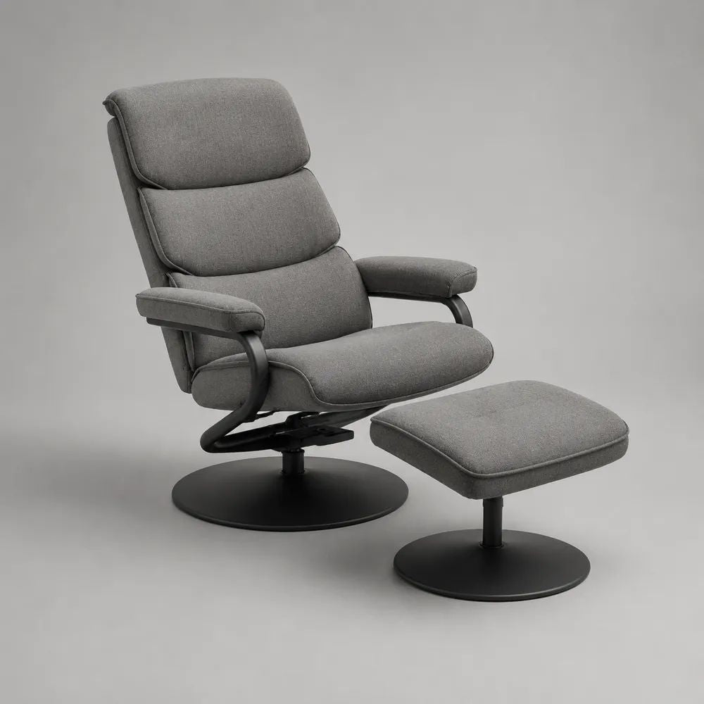 Poltrona reclinabile girevole con schienale alto e poggiapiedi, tessuto grigio e acciaio nero, 77 x 82 x 104 cm