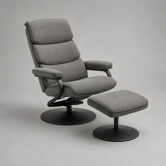 Poltrona reclinabile girevole con schienale alto e poggiapiedi, tessuto grigio e acciaio nero, 77 x 82 x 104 cm