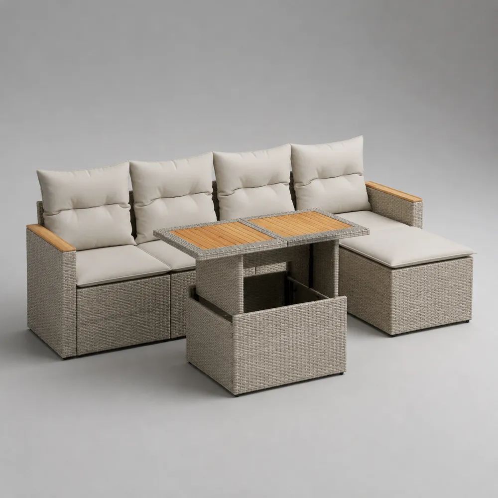 Salotto da giardino a 4 posti in rattan PE con divano angolare e tavolo elevabile, 228 × 152 × 72 cm, grigio chiaro e beige