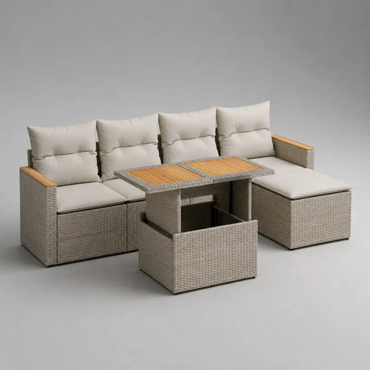 Salotto da giardino a 4 posti in rattan PE con divano angolare e tavolo elevabile, 228 × 152 × 72 cm, grigio chiaro e beige