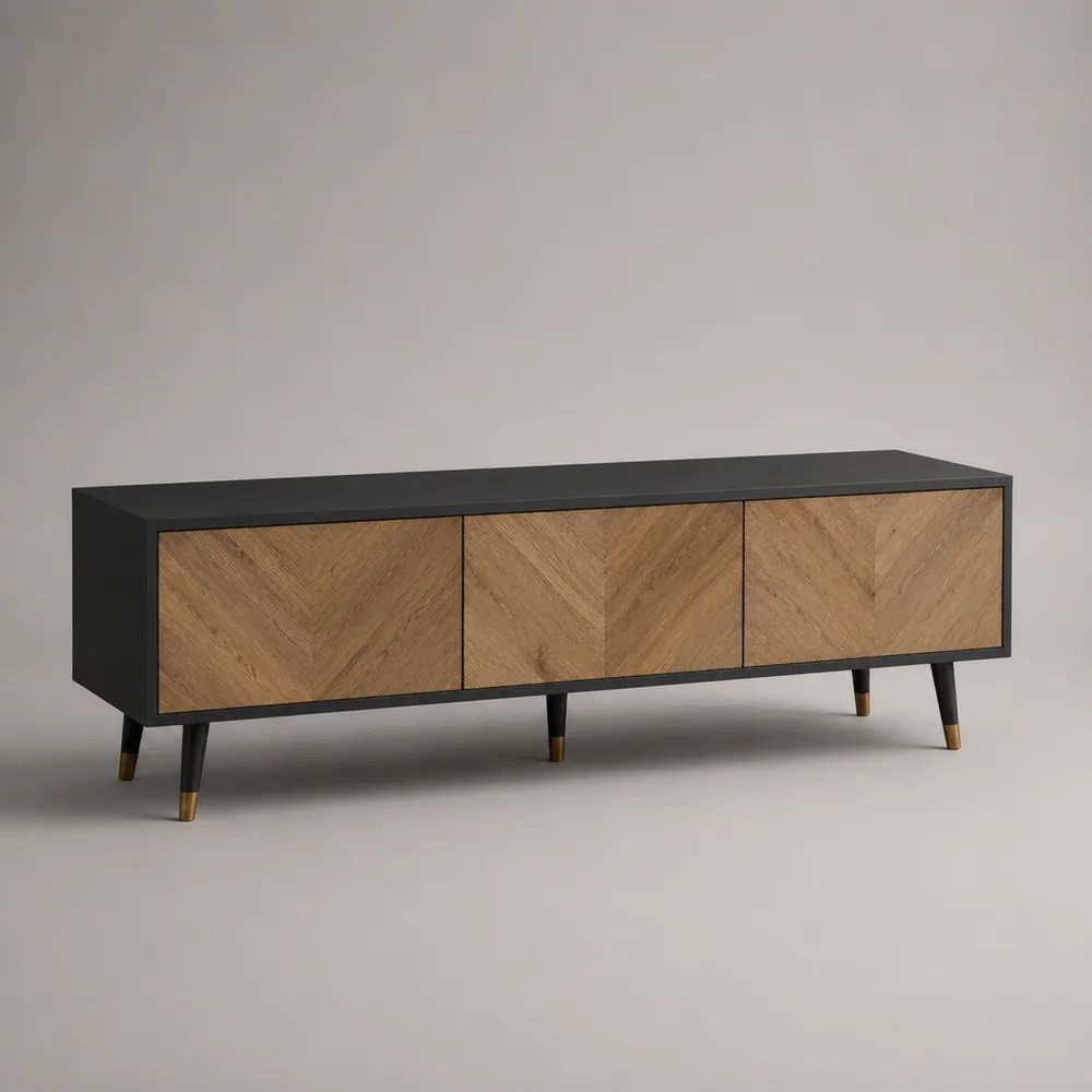 Mobile TV basso rettangolare a 3 ante in legno e metallo, effetto rovere naturale e nero, 160 x 40 x 65 cm