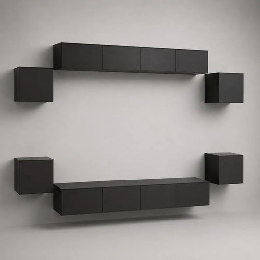 Parete attrezzata TV sospesa rettangolare, set di 6 pezzi in pannello truciolare, nero opaco, 280 × 30 × 180 cm