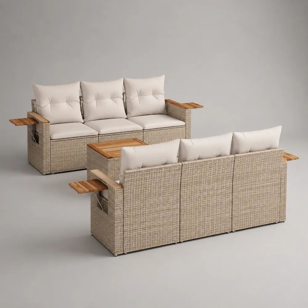 Set da giardino 3 pezzi in polyrattan beige con 2 divani a 3 posti 205 x 75 x 84 cm e tavolino 70 x 70 x 42 cm