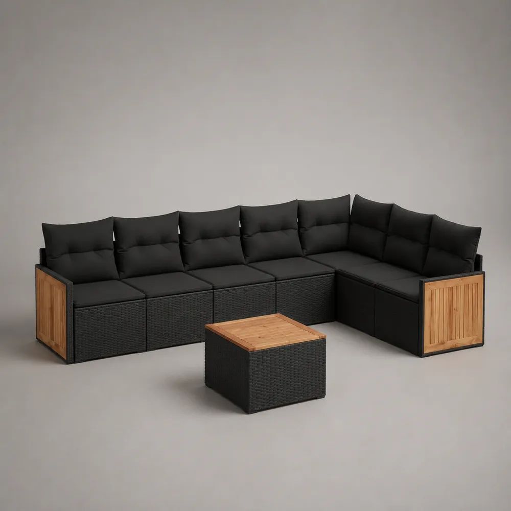 Salotto angolare da giardino a 7 posti in polyrattan PE e legno di acacia, nero e marrone naturale, 250 x 190 x 75 cm, con tavolino 65 x 65 x 40 cm