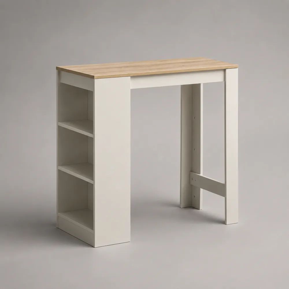 Tavolo bar rettangolare in legno con scaffale laterale, bianco e rovere naturale, 110 x 50 x 103 cm