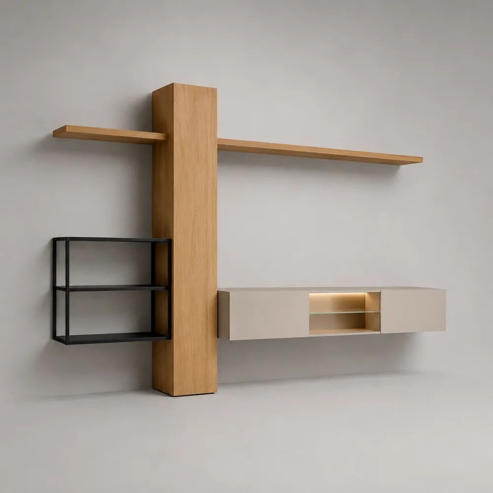 Parete attrezzata TV sospesa in legno e acciaio, 4 elementi, rovere naturale, tortora e nero, 240 x 35 x 180 cm