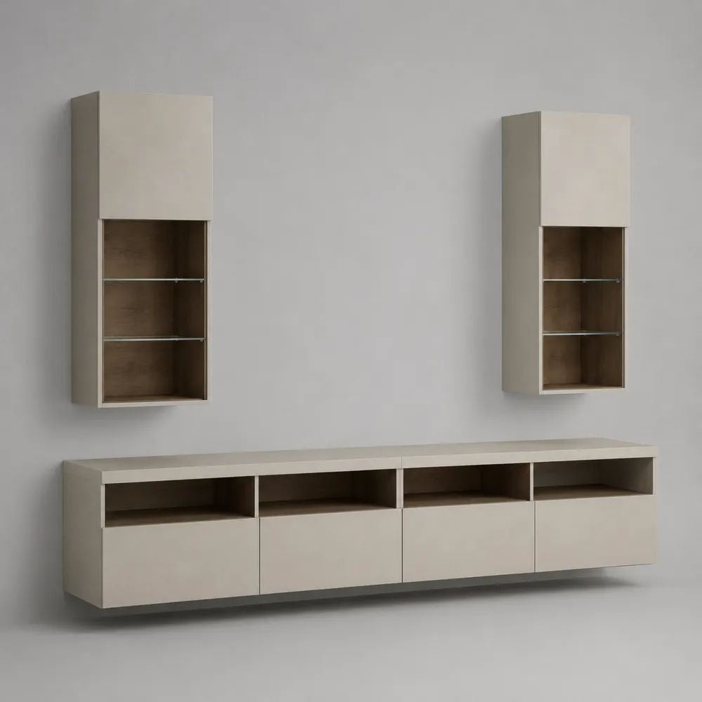 Set porta TV sospeso in truciolare melaminico e vetro Avorio/Noce con mobile basso 240 × 40 × 50 cm e 2 pensili 50 × 30 × 120 cm