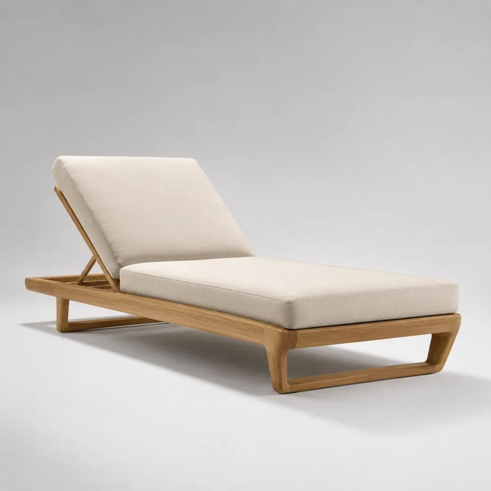 Lettino prendisole da esterno regolabile in teak massello con cuscini beige, 200 x 75 x 35-88 cm