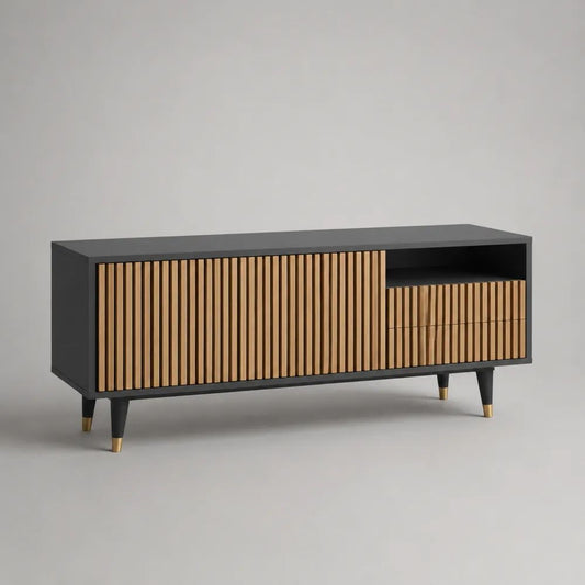 Mobile porta TV rettangolare in MDF e acciaio con 2 ante, 2 cassetti e vano aperto, nero e marrone, 150 x 40 x 70 cm