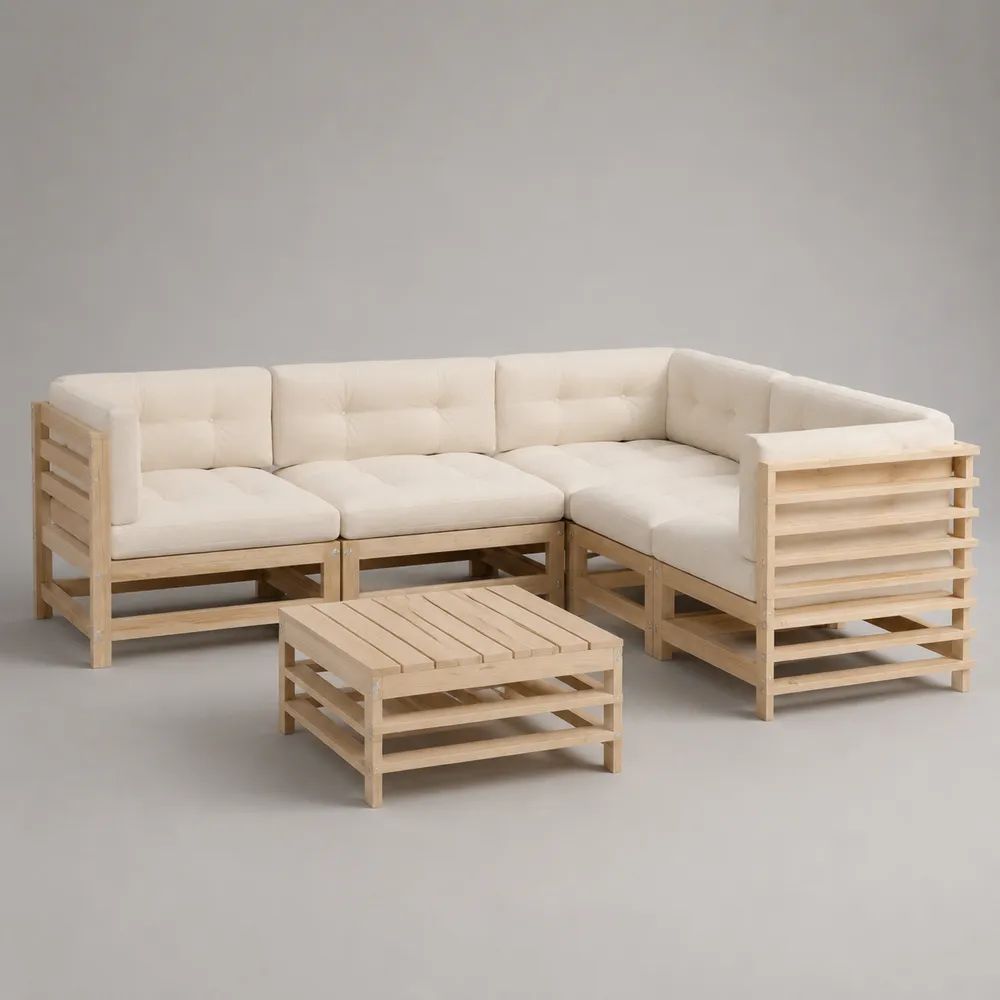 Set divano angolare modulare da giardino 4 pezzi in legno massello con cuscini beige e tavolino, 210 x 140 x 72 cm