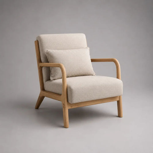 Poltrona imbottita in tessuto bouclé e legno, beige e marrone chiaro, 75 x 82 x 86 cm