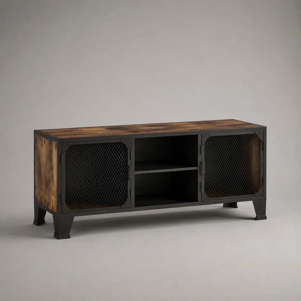Mobile porta TV rettangolare in legno e acciaio con 2 ante a rete, marrone rustico e nero, 120 x 40 x 60 cm
