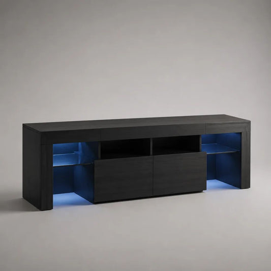 Mobile TV rettangolare nero con illuminazione LED blu, in pannelli di particelle e vetro temperato, 200 x 35 x 70 cm