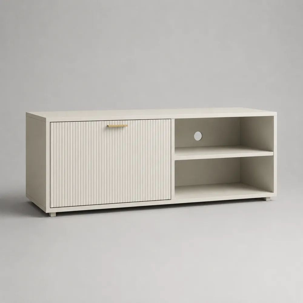 Mobile TV basso rettangolare in MDF e pannelli melaminici, Bianco/Oro, 120 x 40 x 60 cm