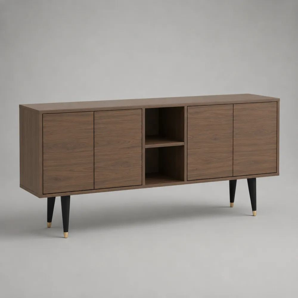Credenza mobile TV rettangolare in MDF impiallacciato con 4 ante e 2 vani aperti, marrone noce e nero, 160 × 40 × 80 cm