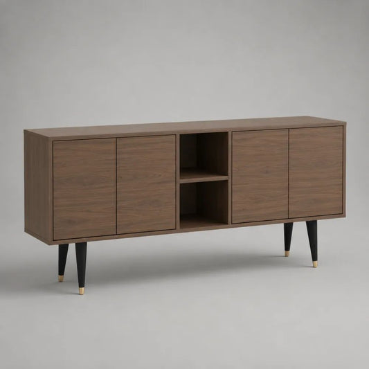 Credenza mobile TV rettangolare in MDF impiallacciato con 4 ante e 2 vani aperti, marrone noce e nero, 160 × 40 × 80 cm