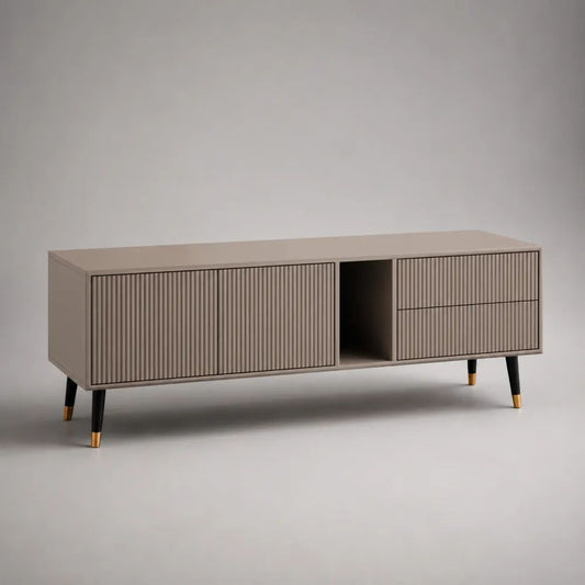 Mobile porta TV basso rettangolare in legno e metallo tortora 160 x 40 x 60 cm con anta, 2 cassetti e vano aperto