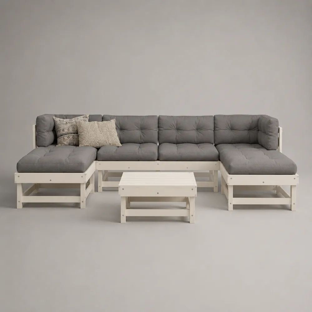 Set divano da giardino angolare a U 4 pezzi in legno massello di pino bianco con cuscini grigi, 280 x 145 x 72 cm