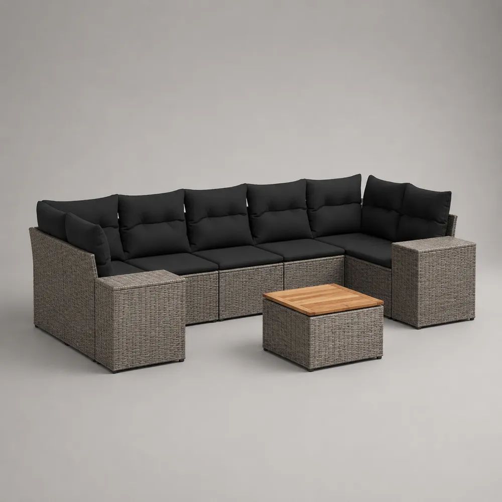 Set divano angolare modulare da esterno 6 pezzi in rattan PE grigio con cuscini neri e tavolino, 300 x 210 x 68 cm