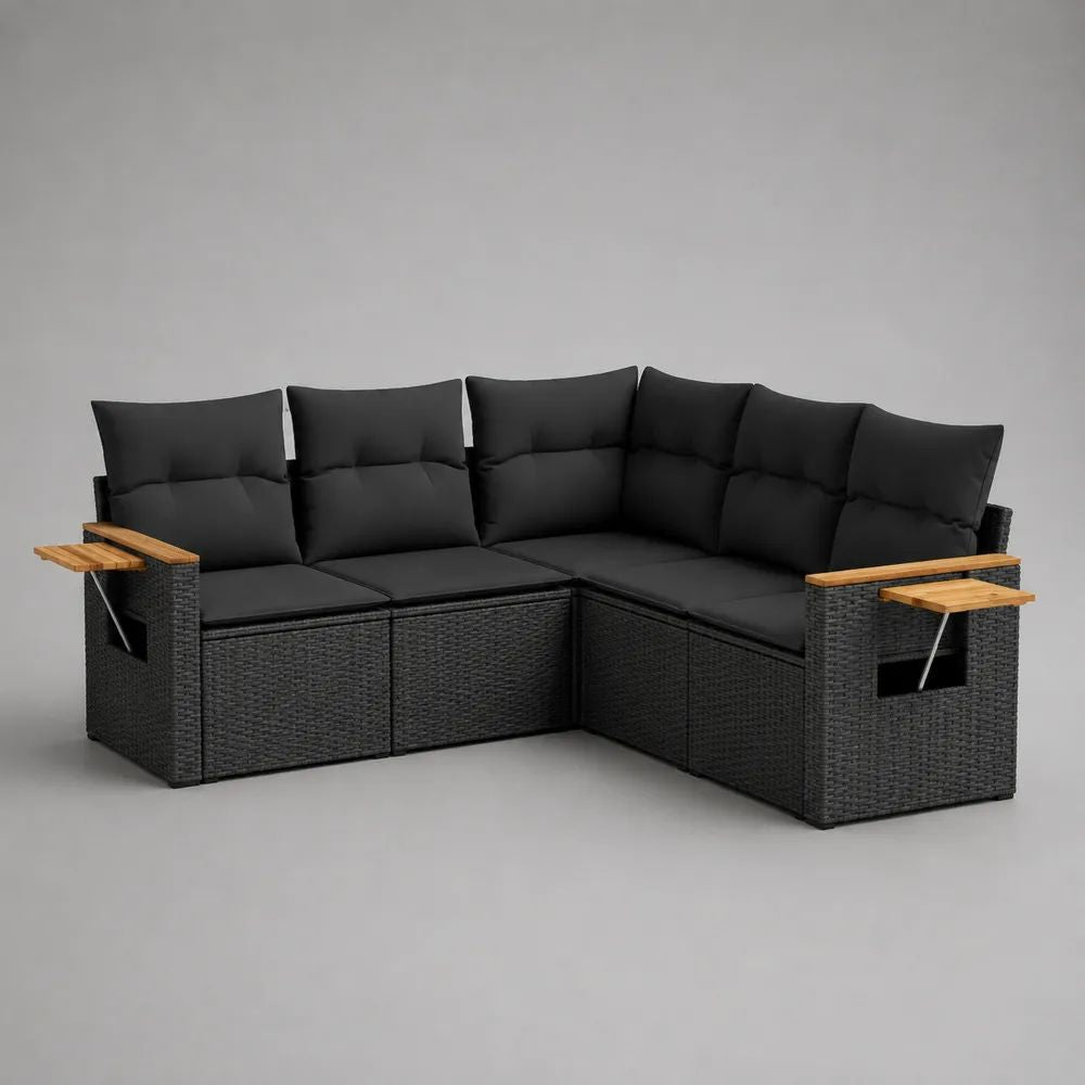 Divano angolare da giardino a 5 posti, set modulare da 3 pezzi in polyrattan PE nero con cuscini e ripiani pieghevoli in legno, 220 x 220 x 84 cm