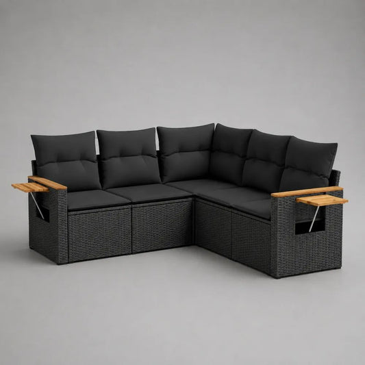 Divano angolare da giardino a 5 posti, set modulare da 3 pezzi in polyrattan PE nero con cuscini e ripiani pieghevoli in legno, 220 x 220 x 84 cm