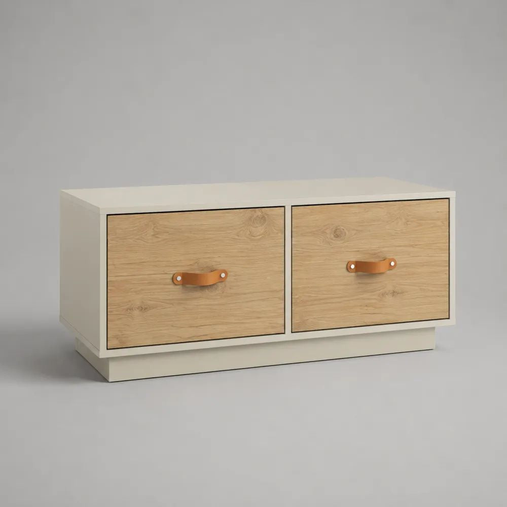 Mobile TV basso rettangolare in MDF e legno con 2 cassetti, bianco e rovere naturale, 100 x 40 x 50 cm