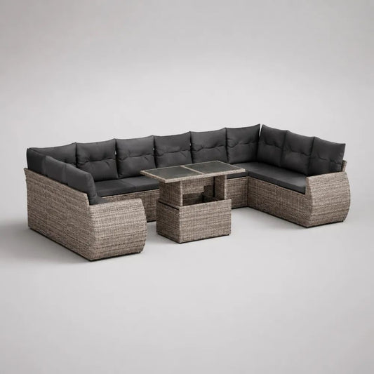Set da giardino angolare in polyrattan grigio tortora con cuscini antracite, tavolo in vetro e 2 pouf, 260 x 200 x 74 cm