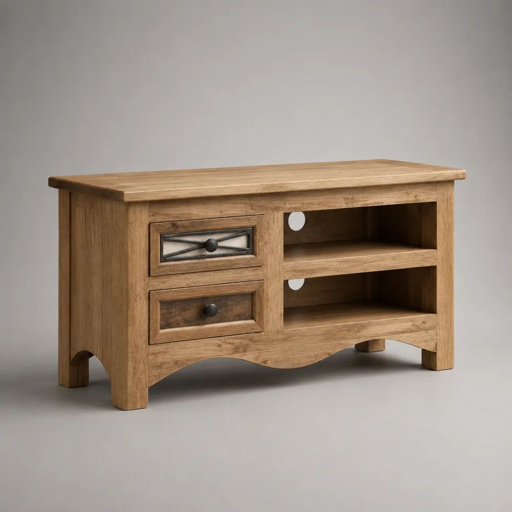 Mobile TV rettangolare in legno massello di mango marrone chiaro e nero, 100 x 45 x 65 cm, con 2 cassetti e 2 vani aperti